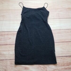 7DAY WKND Dress Womens M Black Slip Bodycon Square Neck Glitter Party Cocktail